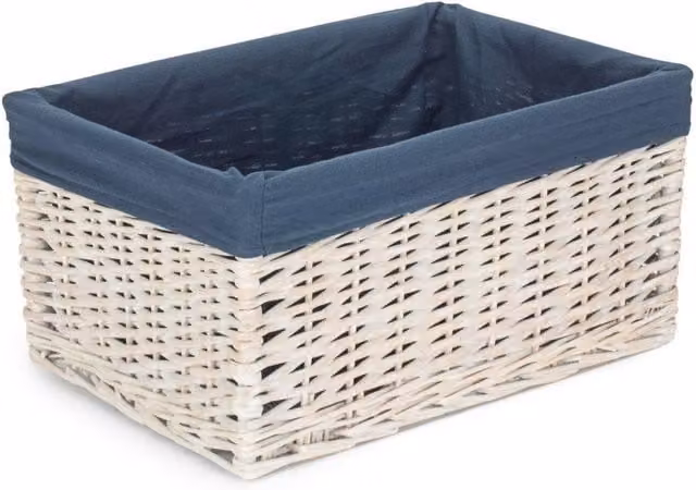 Red Hamper Medium Open Storage Wicker Basket with White Wash and Navy Lined Cotton Interior