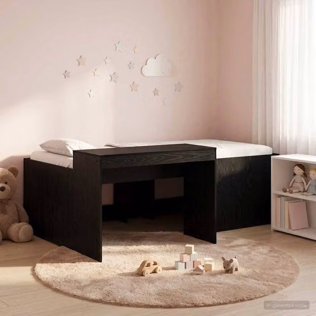Berkfield Home Kids' Modern High Single Bed Frame with Desk in Black Engineered Wood