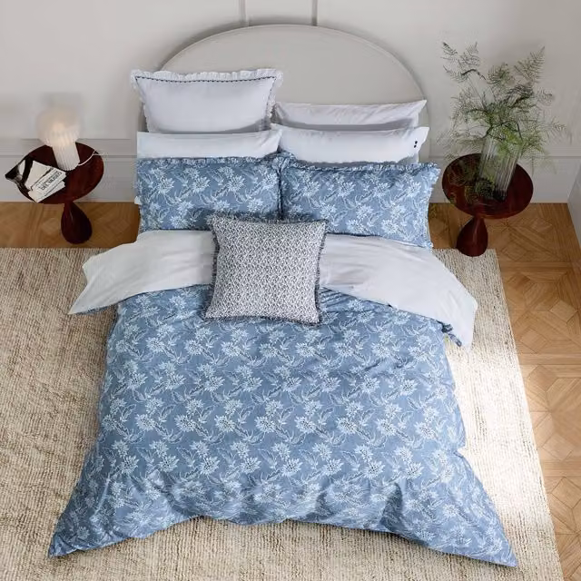 Bedeck of Belfast Miya Reversible Floral Cotton and Linen Duvet Cover Set, Blue and White, W: 180 cm x D: 200 cm