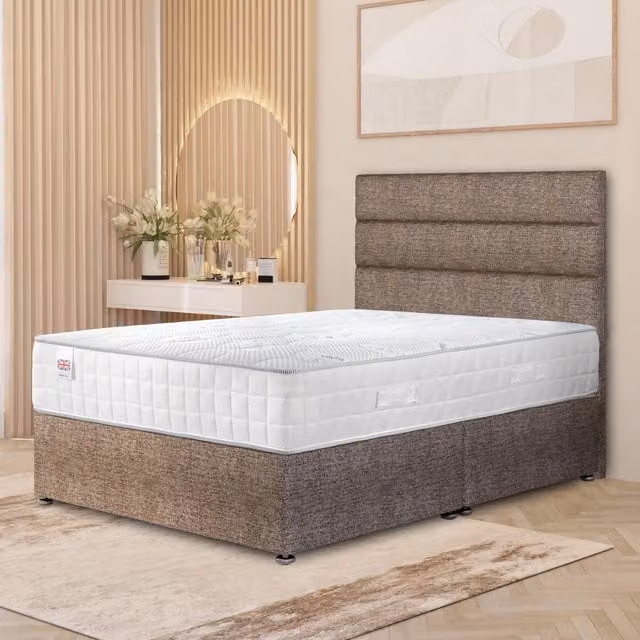 Somnior Beds Ltd Horizona Tweed Divan Bed Set with Hybrid Pocket Spring Mattress and Floor Standing Headboard, Brown, W/D/H: 90 x 190 x 34.5 cm