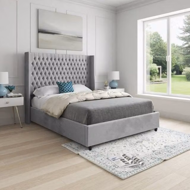 KDMD Welbury Winged Upholstered Single Bed Frame in Grey Soft Velvet