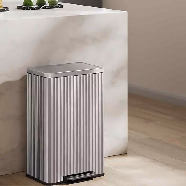 The Bazaarist Kitchen Pedal Bin with Soft Close Lid and Removable Inner Bucket, Metallic Silver