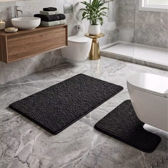 Snug City 2-Piece Chenille Loop Design Bath Mat and WC Pedestal Mat Set, Black, W: 50 cm x L: 80 cm