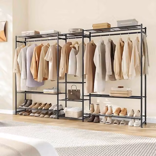The Bazaarist Large Open Wardrobe Clothes Rack with 10 Shelves, 3 Hanging Rails and S-Hooks in Black