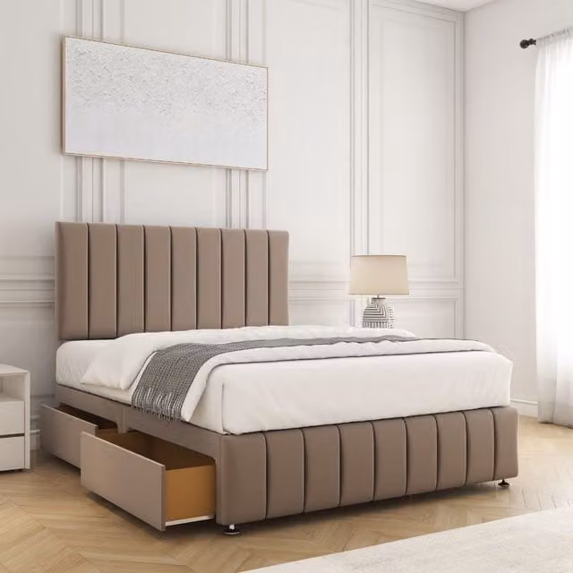 BSSPOKE Sierra Plush Divan Bed Set with 24 inch Headboard, 2 Drawers on Same Side and Mattress in Bronze, King Size W/D/H: 180 x 200 cm