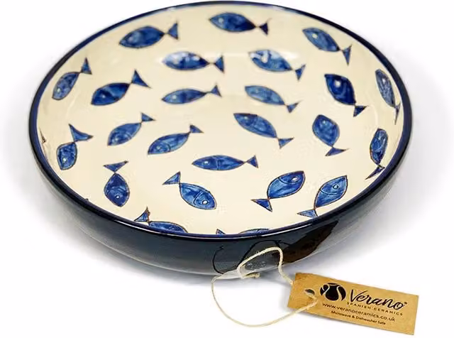 Verano Spanish Ceramics Signature Blue and White Hand Painted Fish Ceramic Serving Bowl, Diameter: 23 cm