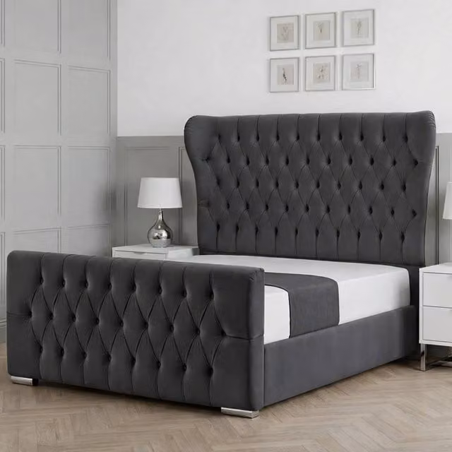 Living Comfort Bedz Velvetine Plush Velvet Upholstered Bed with Slatted Base and 48 Inch Headboard in Charcoal Grey Single Size
