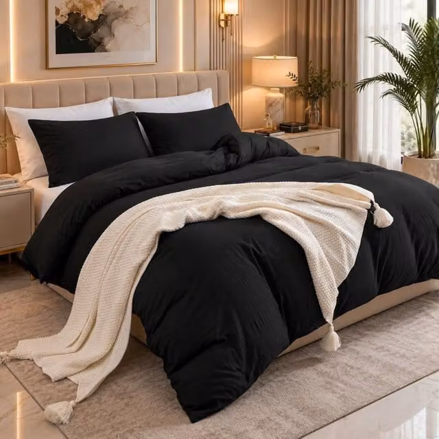 Pamposh 2 Pack Reversible Microfibre Duvet Cover and Pillowcase Set in Black, Double (140 x 200 cm)