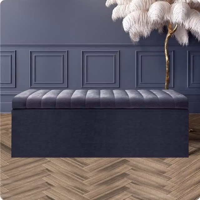Safar Naples Ottoman Storage Box, Charcoal Grey Striped Velvet Upholstered Blanket Chest and End of Bed Bench