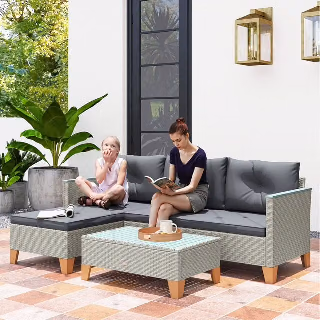Outsunny 3 Piece L Shaped Rattan Garden Furniture Set with Upholstered Cushions in Anthracite Grey