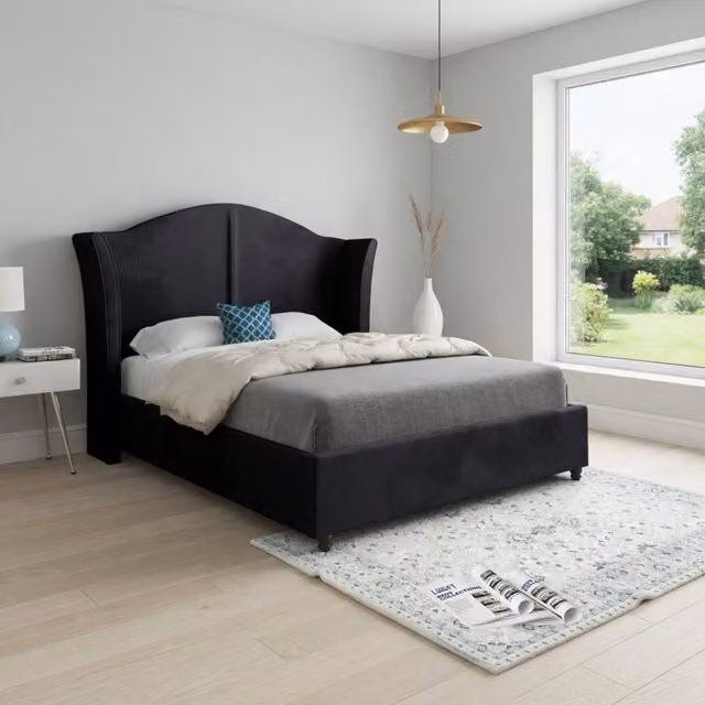 KDMD Wilsden Curved Winged Upholstered Designer Bed Frame in Black Soft Velvet, Super King, W/D/H: 200 x 189 x 137 cm