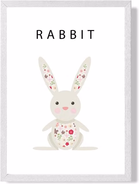 ARTZE Pink Floral Rabbit Framed Print with White Wood Frame, A4