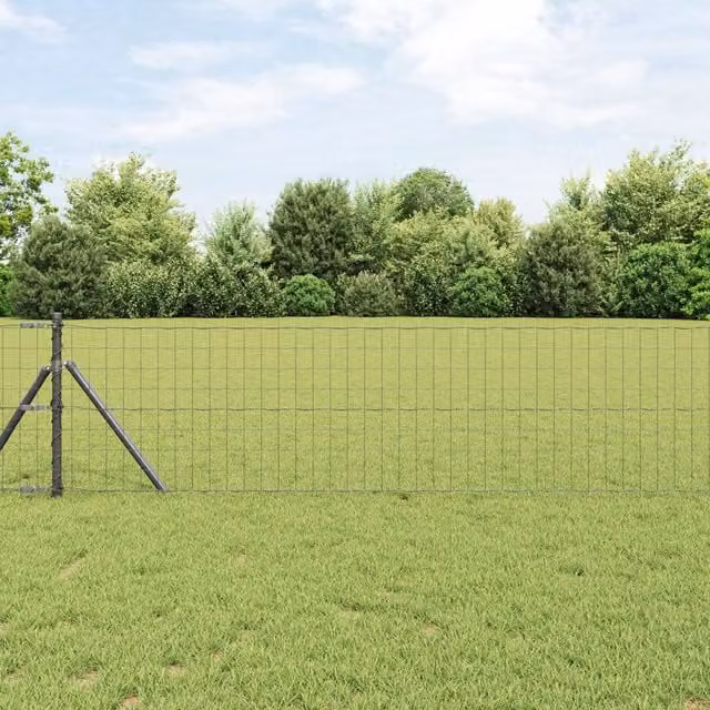 Berkfield Home Euro Fence with 13 Round Posts, Galvanised Steel, Grey, 0.6 x 25 m