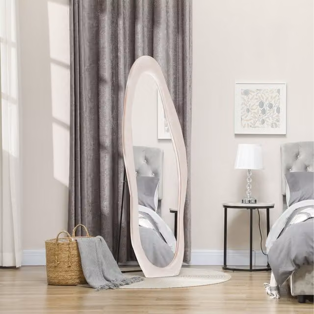 HOMCOM Irregular Wavy Full Length Freestanding Mirror with Pink Velvet Frame