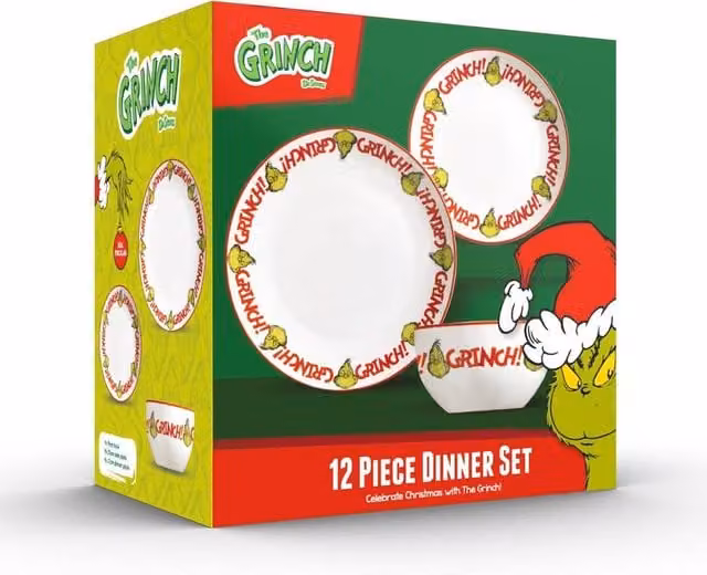 The Grinch 12-Piece Porcelain Dinnerware Set in White and Green