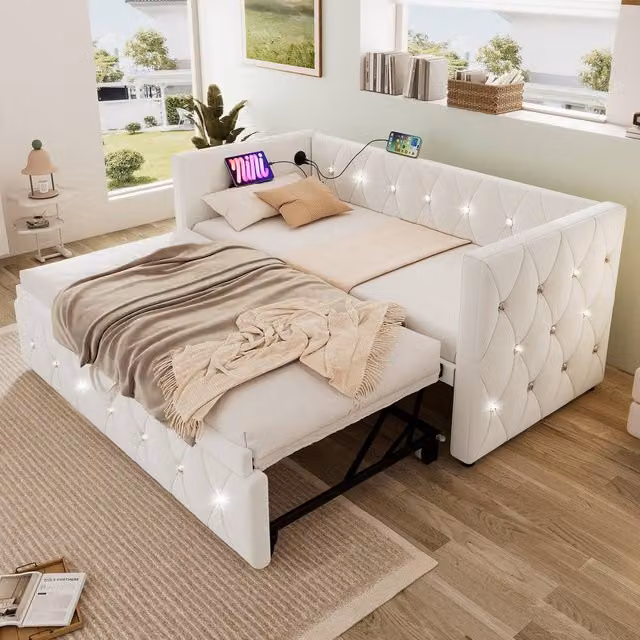 Merax 3ft Single Velvet Upholstered Daybed with Trundle and USB Charging Port, Beige, W/D/H: 90 x 190 x 76 cm