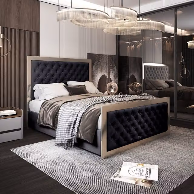 Casani Maddison Upholstered Soft Velvet Metal Bed Frame in Black, 200 x 200 cm