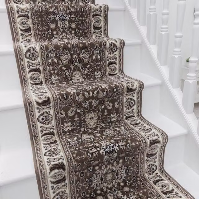 runrug Kashan Stair Runner Carpet in Brown, W: 60 cm, L: 480 cm