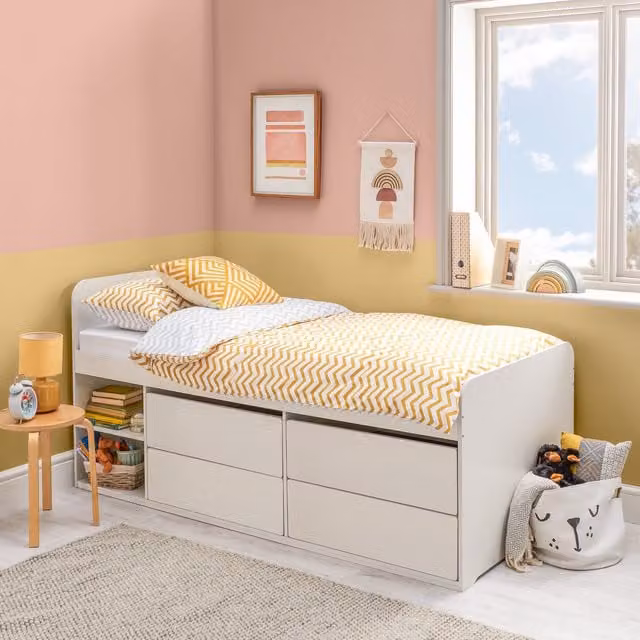 Home Treats White Lacquered Solid Pine Childrens Mid Height Cabin Bed Frame with 4 Drawers, Stairs, and Hybrid Mattress