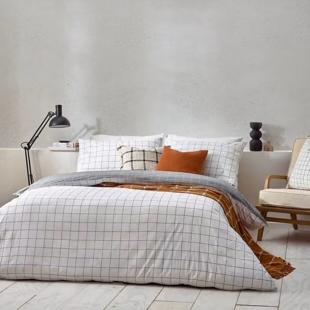 Make it a Home Howarth Check Reversible Cotton Duvet Cover Set in White and Grey, 90 x 200 cm