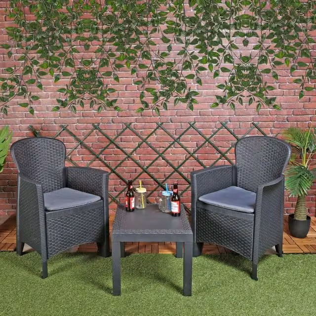URBNLIVING Modern Black and Grey Polyrattan Outdoor Bistro Set for 3 Adults