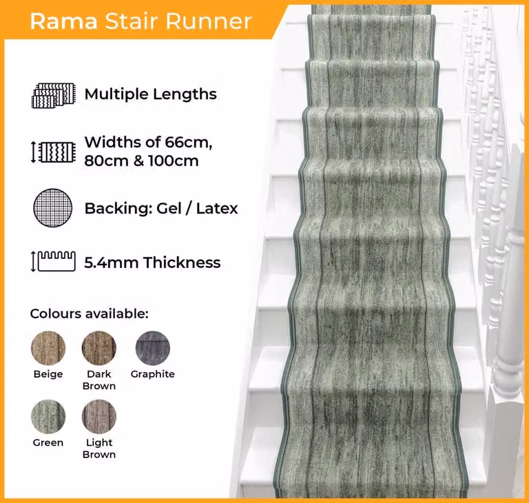 runrug Rama Non-Slip Stair Runner Carpet in Green, W: 80 cm, L: 570 cm