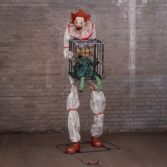 Samuel Alexander 7ft Tall Giant Cagey The Clown with Girl Halloween Animatronic Decoration in Multicolour