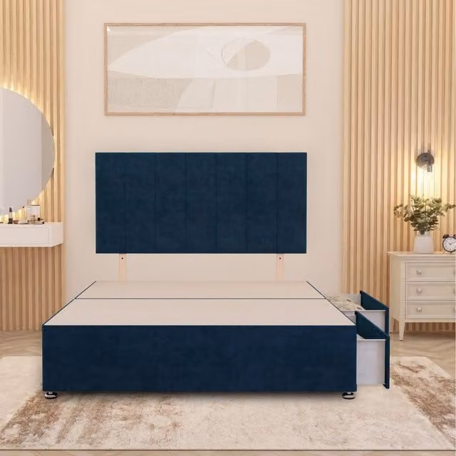 Somnior Beds Ltd Austin Divan Bed Base with 32 inch Headboard in Blue Plush Velvet with Storage Drawers, W/D/H: 150 x 200 x 34.5 cm