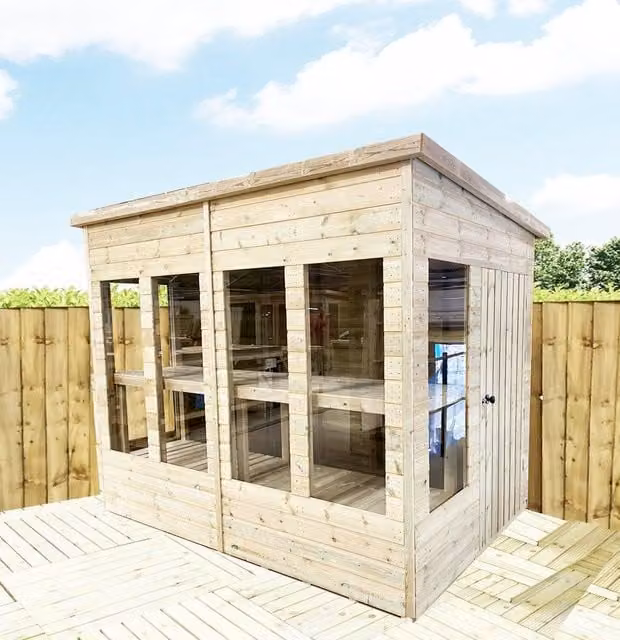 Marlborough Natural Pressure Treated Wooden Pent Potting Greenhouse and Bench