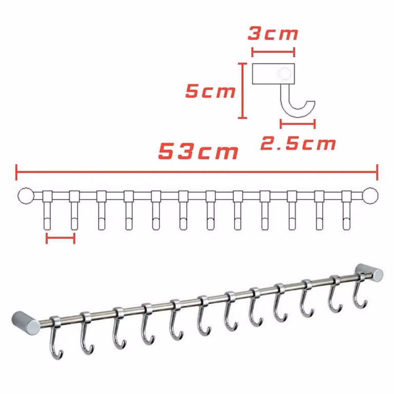 Nordara 12 Hook Wall Mounted Hanging Rack Utensil Holder in Silver, Width: 70 cm