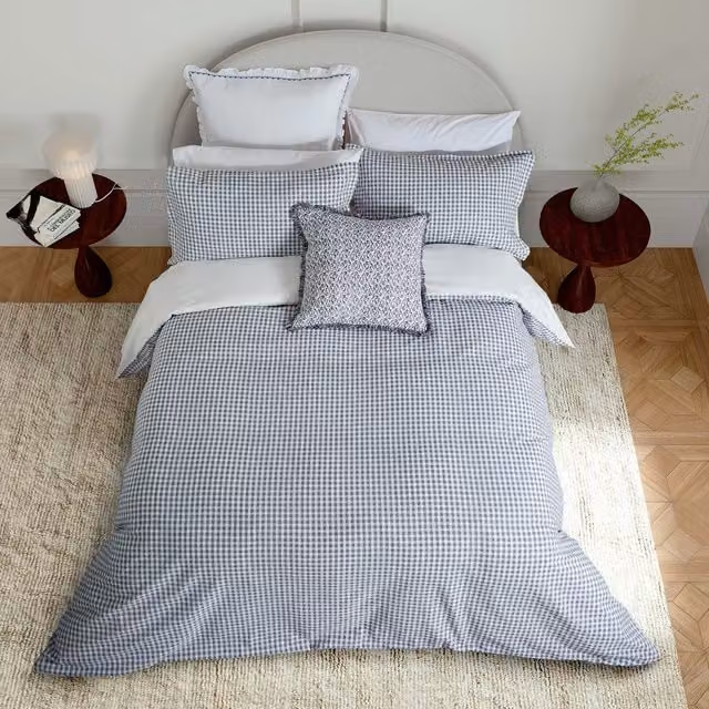 Bedeck of Belfast Mallory Reversible Checked Cotton Percale Double Duvet Cover Set with Pillowcases, White and Blue, W/D/H: 140 x 200 cm