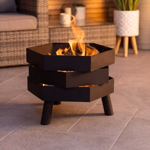 Charles Bentley Hexagonal Steel Fire Bowl in Black, W: 46 cm, D: 46 cm, H: 35.5 cm