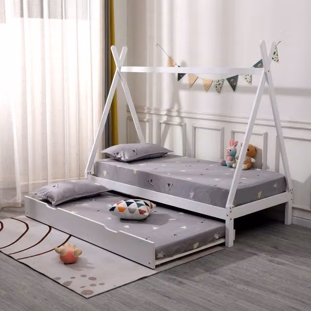 SlumberWorx Harry Kids Wooden Teepee Tent Single Bed Frame with Guest Trundle in White