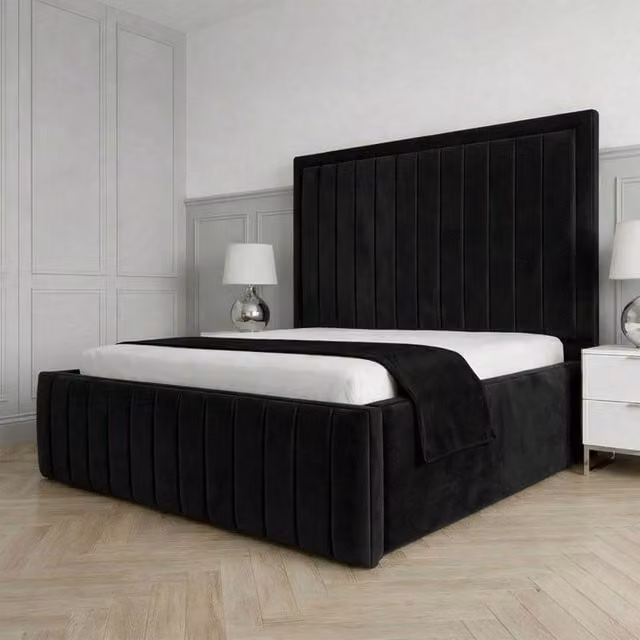 Living Comfort Bedz Sovereign Plush Velvet Upholstered Bed with Slatted Base and 48 Inch Headboard in Black, Double Size