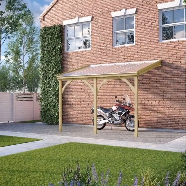 Rutland County Garden Furniture Ltd Polycarbonate Roof 2 Post Wood Carport, W: 362 cm, L: 350 cm, H: 270 cm - Light Green