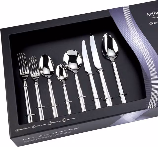 Arthur Price Horizon Polished Stainless Steel 44 Piece 6 Person Cutlery Set in Silver with Case