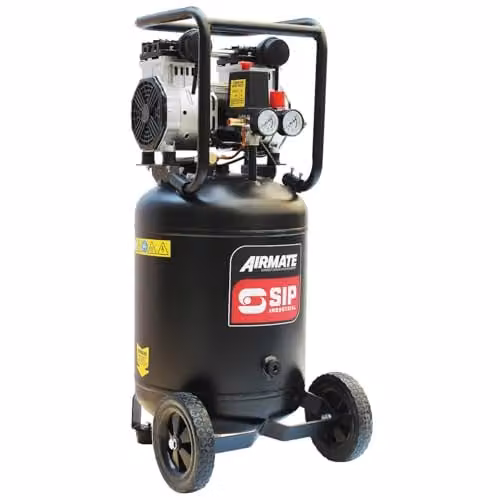 SIP Airmate Vertical 50L Oil-Free Direct Drive Air Compressor, 2hp, 116psi, 8Bar, Low Noise 62dB, Black
