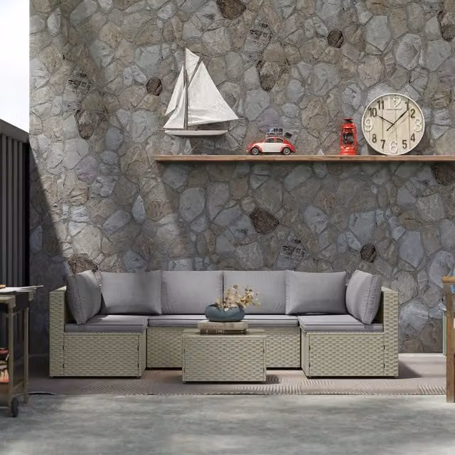 Outsunny Modern L-Shape Polyrattan Garden Furniture Set with Upholstered Cushions in Brown and Grey