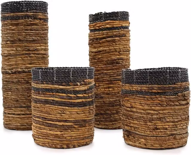 KDMD Banana Leaf Set with 2 Vases and 2 Bins in Brown Open Weave