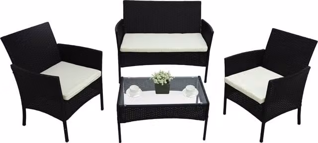 Alivio 4 Piece Black Polyrattan Patio Furniture Set with Upholstered Cushions and Coffee Table