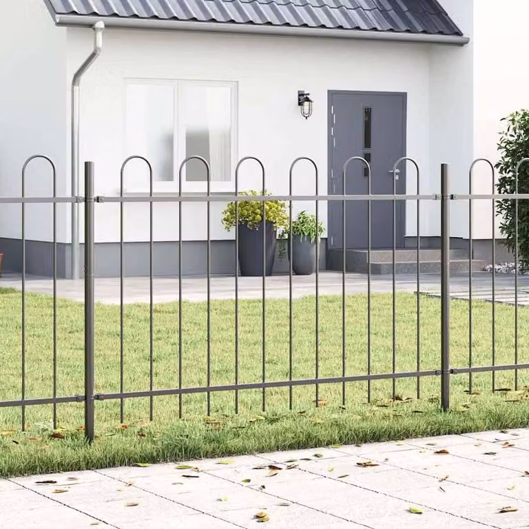 Berkfield Home Modern Garden Fence with Hoop Top in Grey Powder-Coated Steel, W: 3.4 m, H: 1.2 m
