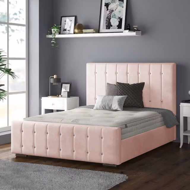 IH Design Anastasia Striped Plush Velvet Upholstered Bed Frame in Pink, W/D/H: 140 x 200 cm