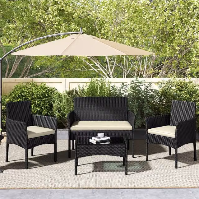 Yaheetech Modern Rattan Outdoor Reception Table and Chair Set with Glass Top in Beige