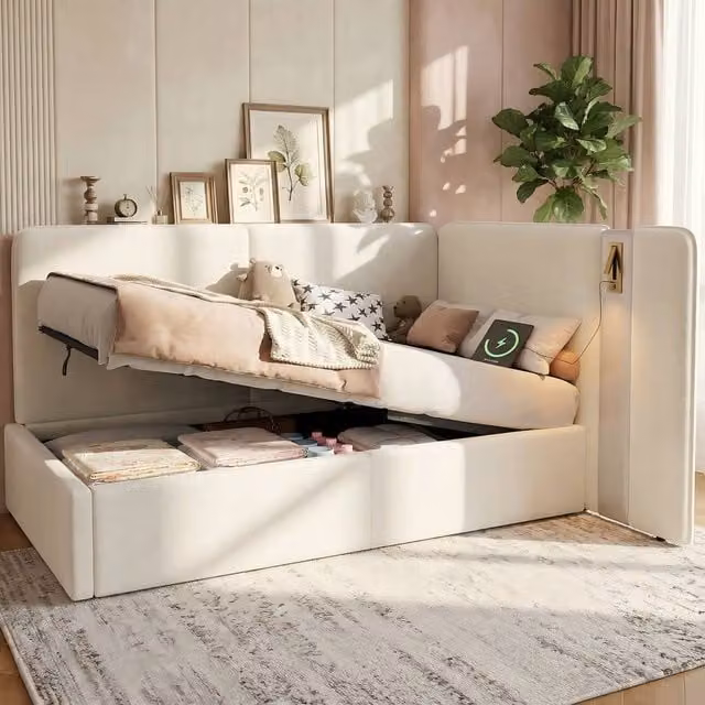 ModernLuxe L-shaped upholstered daybed in beige with hydraulic storage and integrated reading light, W/D/H: 90 x 190 x 100 cm