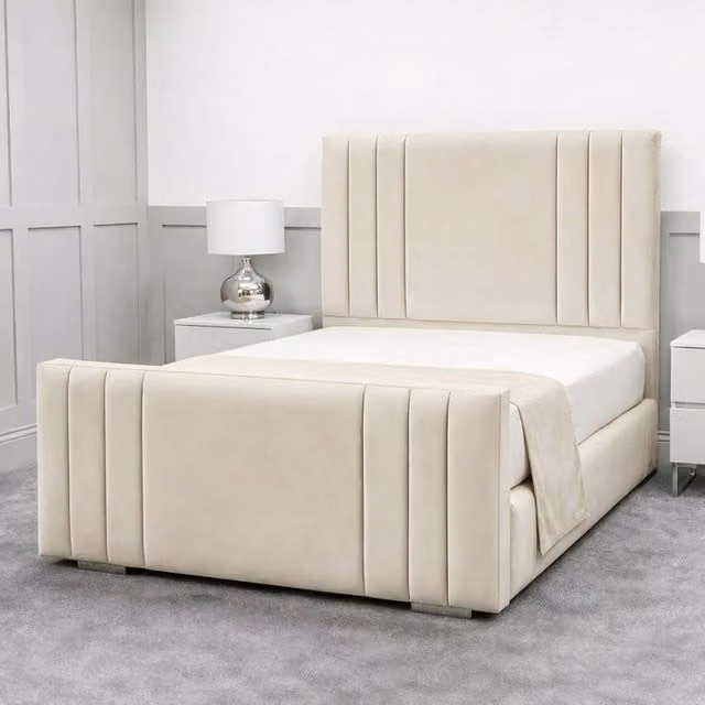 Living Comfort Bedz Canberra Double Upholstered Bed with Slatted Base and 48-Inch Headboard in Beige Plush Velvet