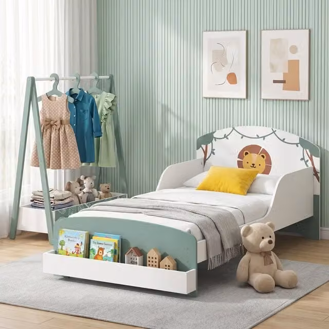AIYAPLAY 2-Piece Kids Bedroom Set with Guardrails and Storage in Green and White