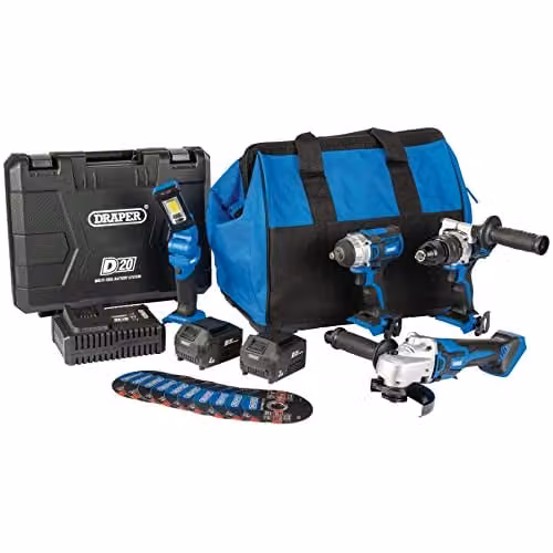 Draper 8 Piece Rechargeable Battery Workshop Kit in Red and Blue