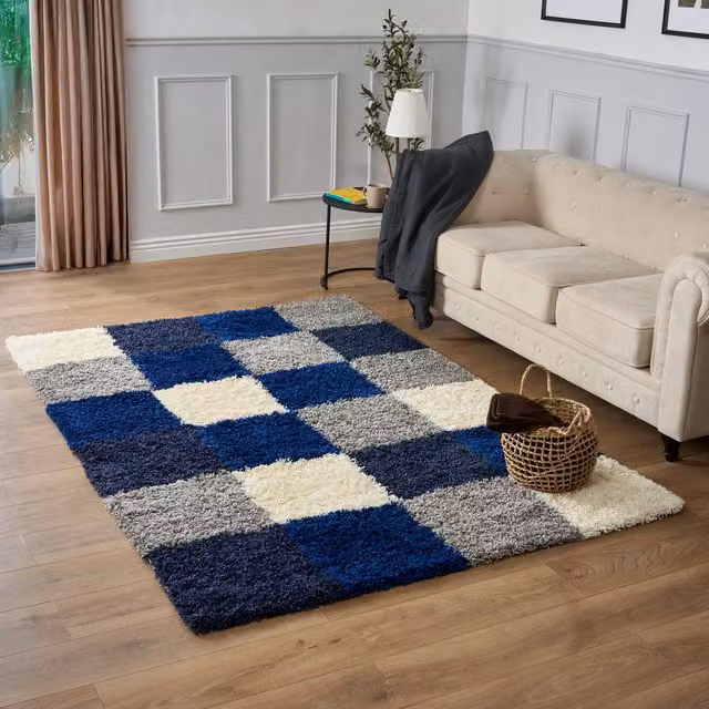 Bravich California Checked Shaggy Rug in Blue, W/D/H: 230 x 160 cm