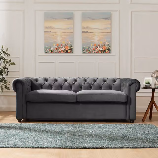 Jackton 2 Seater Grey Velvet Chesterfield Pull Out Sofa Bed with Mattress