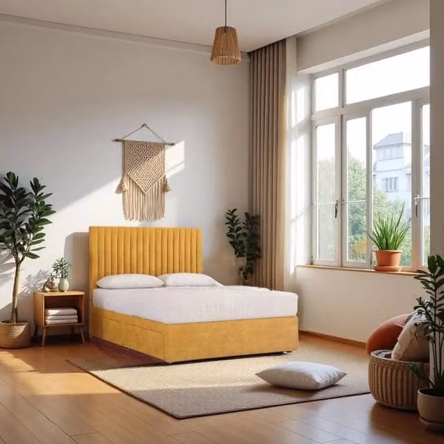 Knight Sleep Emily Plush Velvet Divan Bed Set with Princess Mattress and Headboard in Mustard, Small Single, W: 75 cm, L: 190 cm